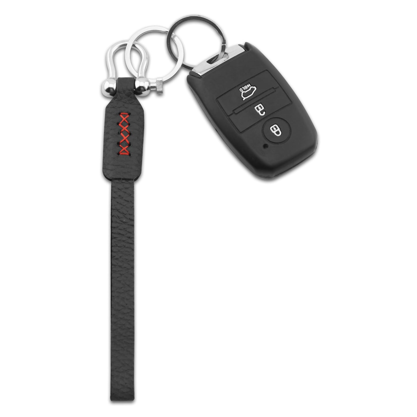 Keychain Leather Bond in Camel Brown Black with Red White Thread