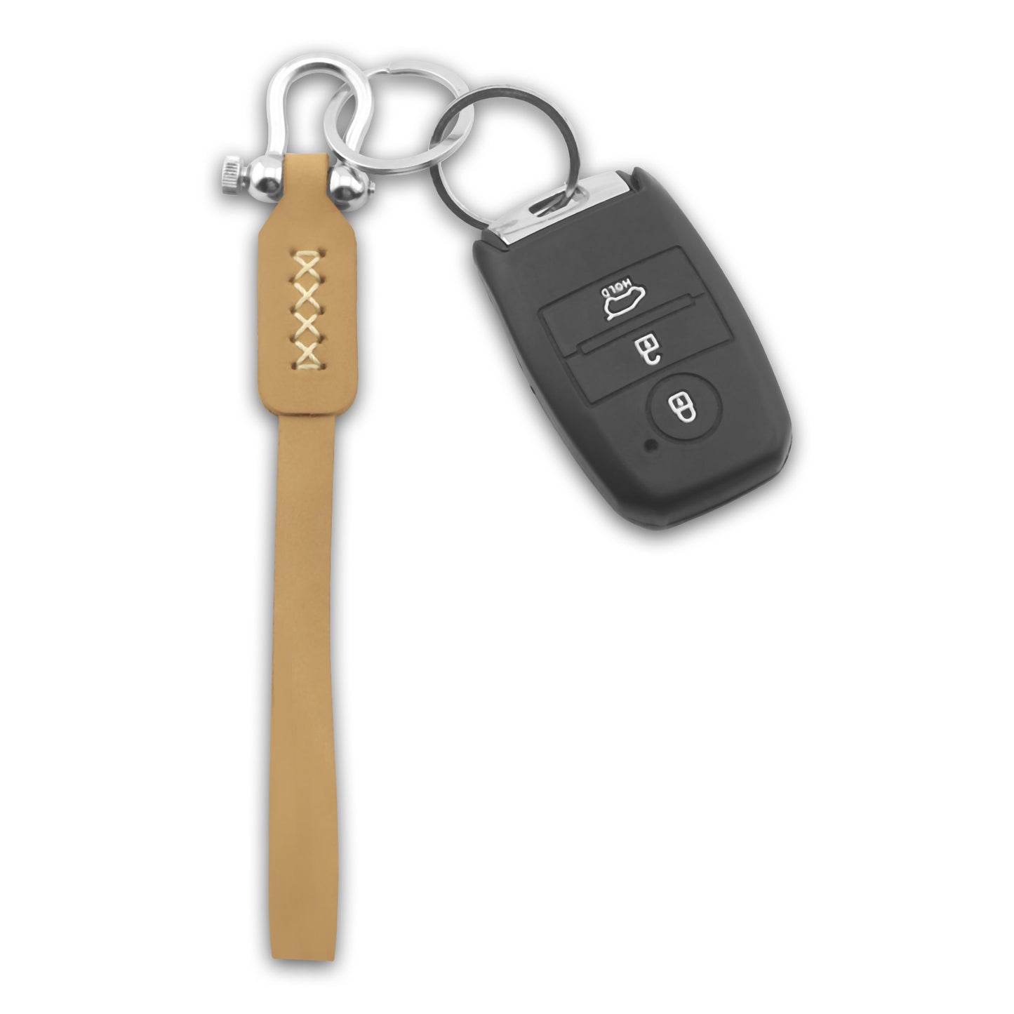 Keychain Leather Bond in Camel Brown Black with Red White Thread