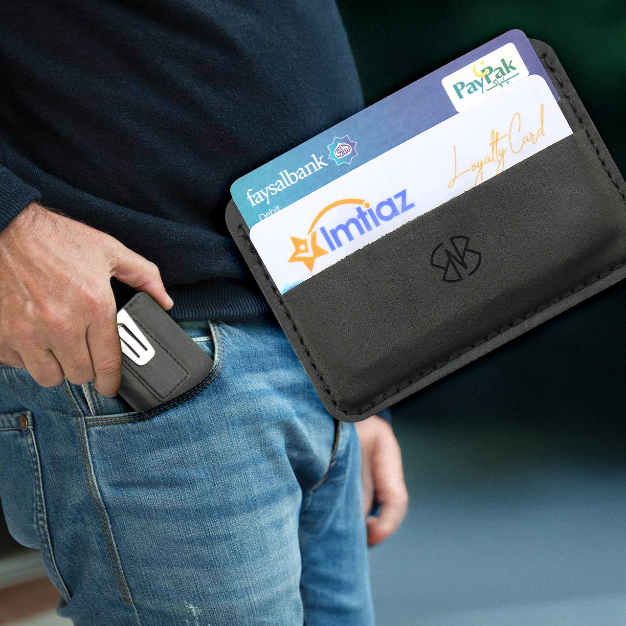 Card Holder in Black Plain and Textured Leather Horizontal