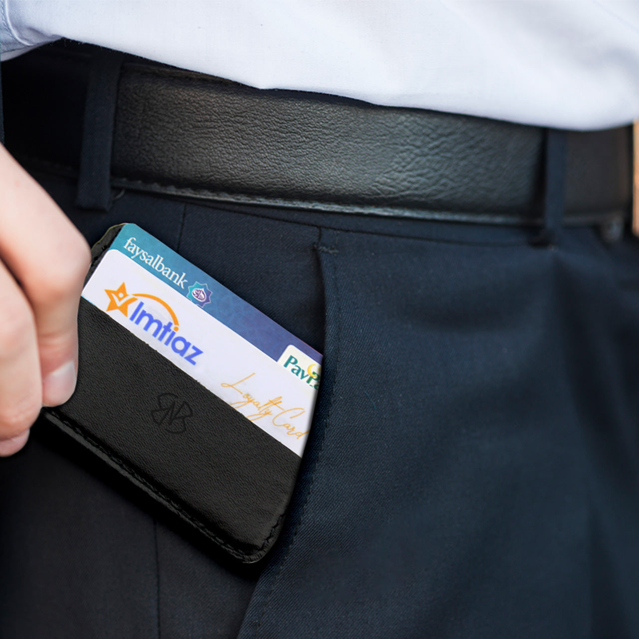Card Holder in Black Plain and Textured Leather Horizontal