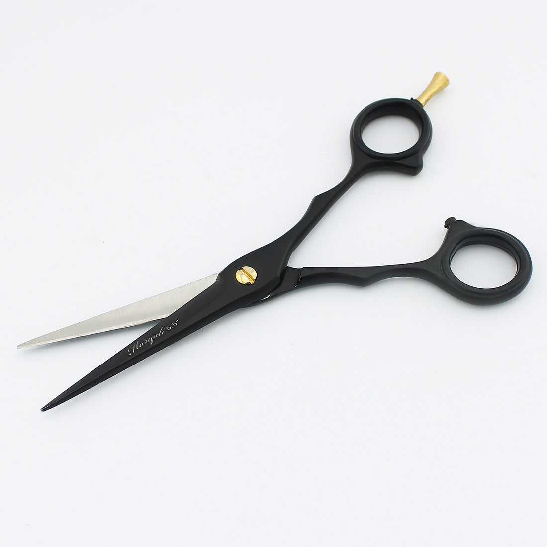 Close-up detailed view of black 5.5-inch hair cutting scissor with adjustable screw
