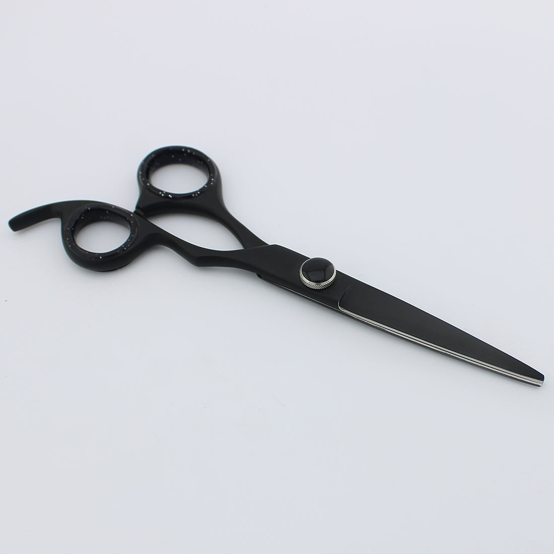 Ergonomic Matte Black 6-inch offset hair cutting scissor with adjustable screws for comfortable professional cutting from brushnblade.pk