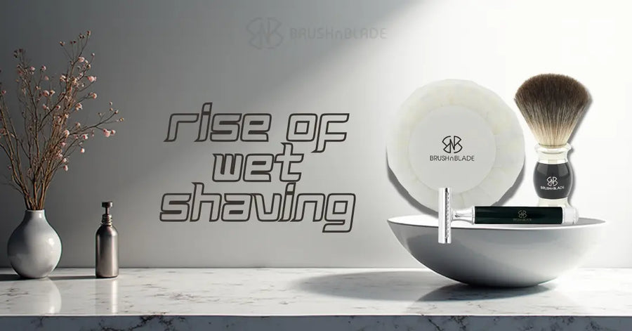 Wet shaving accessories arranged for a classic men’s grooming shave