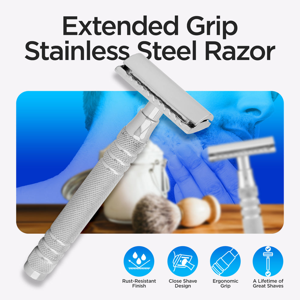 Extended Grip Safety Razor – Rust Free Steel | BrushnBlade