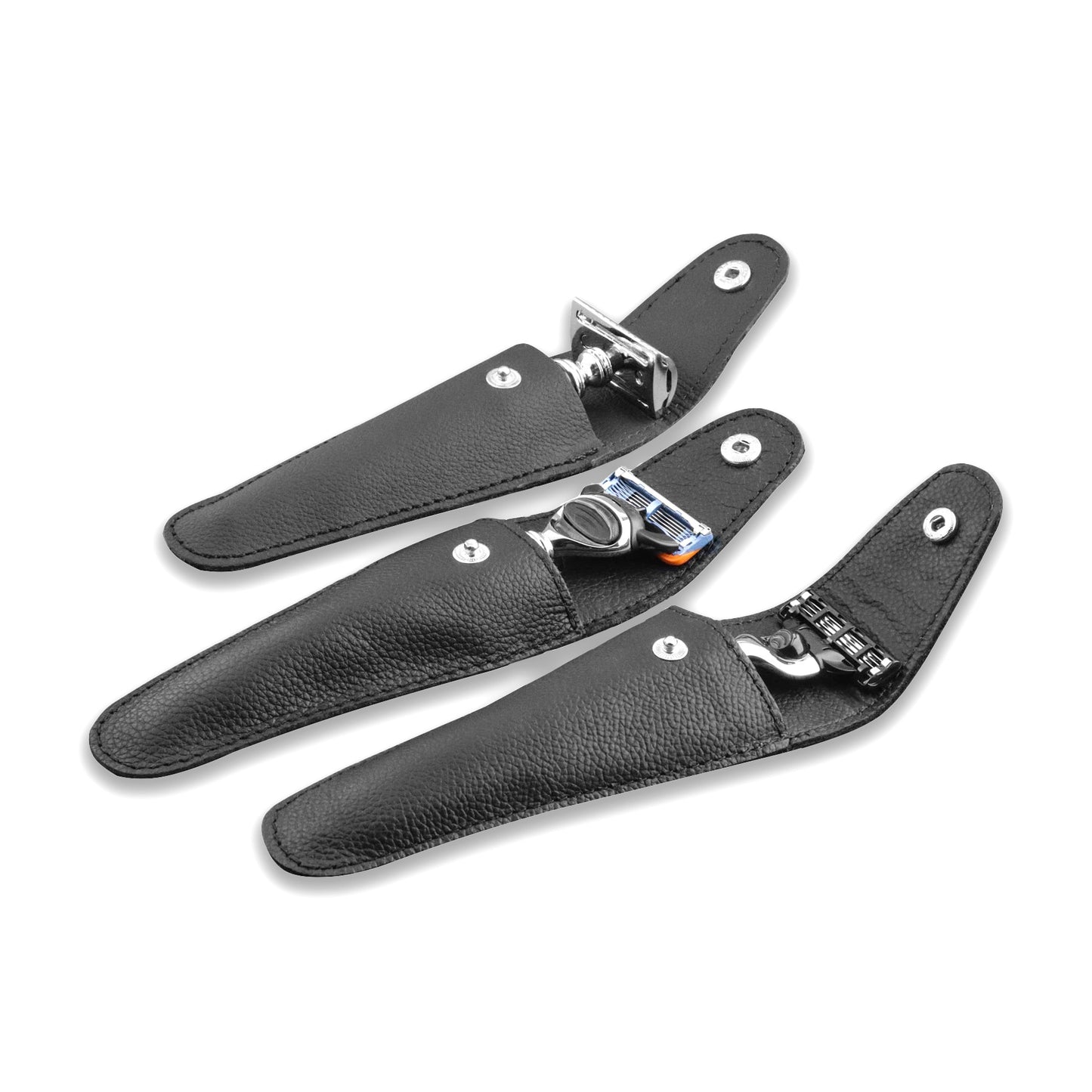 Universal razor pouch fits DE razors, 3-blade Mach3, and 5-blade Fusion5