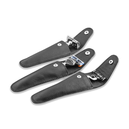 Universal razor pouch fits DE razors, 3-blade Mach3, and 5-blade Fusion5