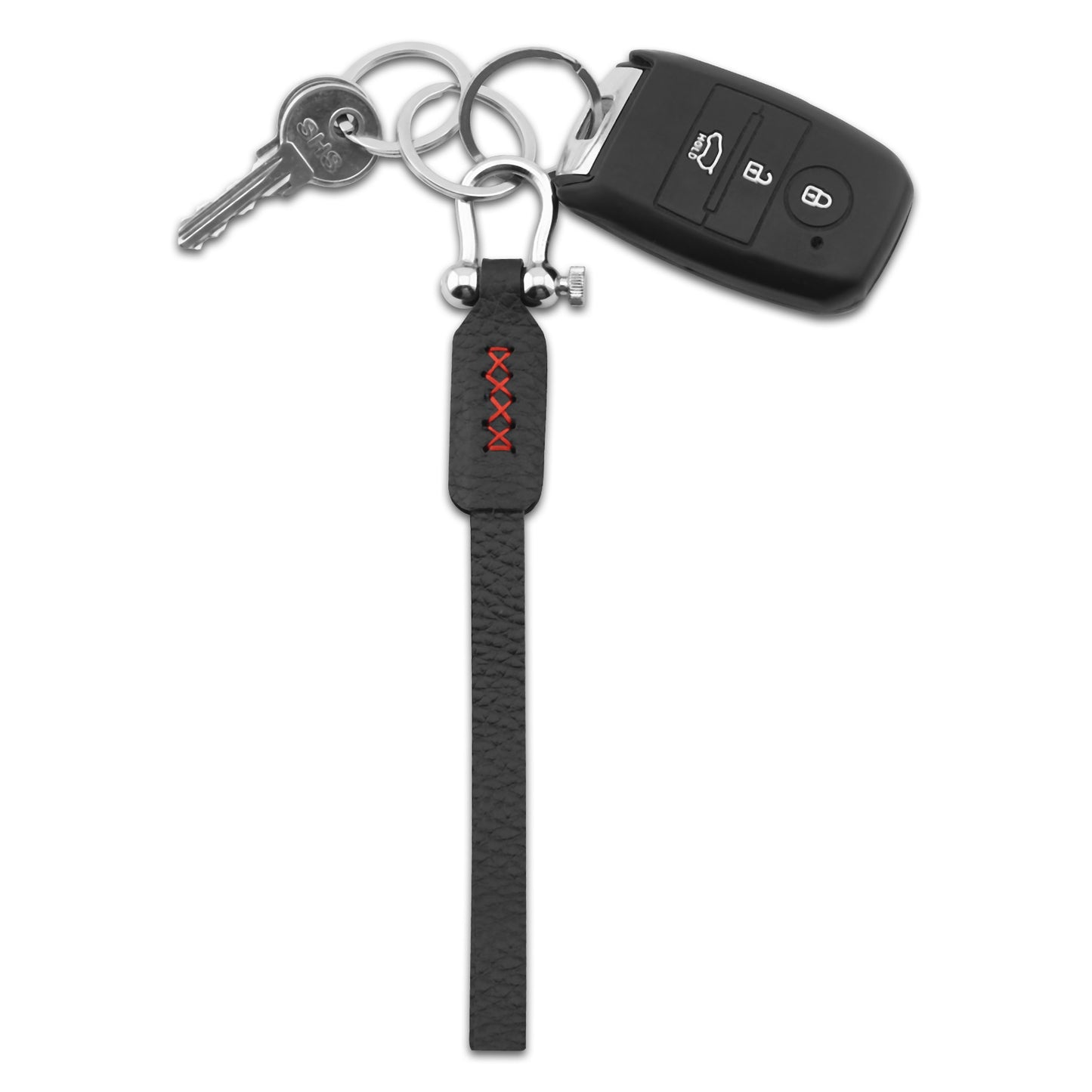 Keychain Leather Bond in Camel Brown Black with Red White Thread