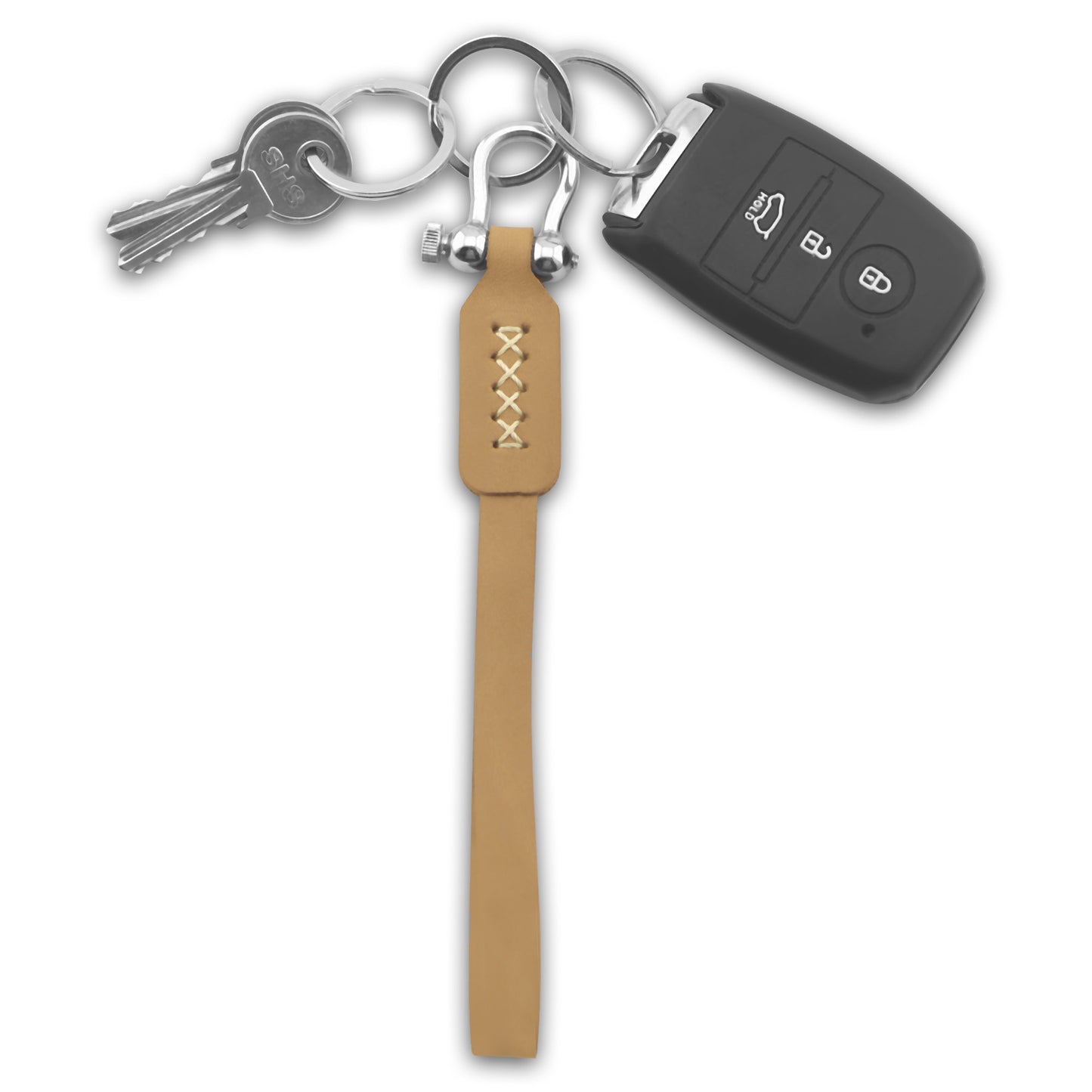 Keychain Leather Bond in Camel Brown Black with Red White Thread