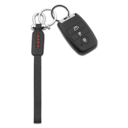 Keychain Leather Bond in Camel Brown Black with Red White Thread