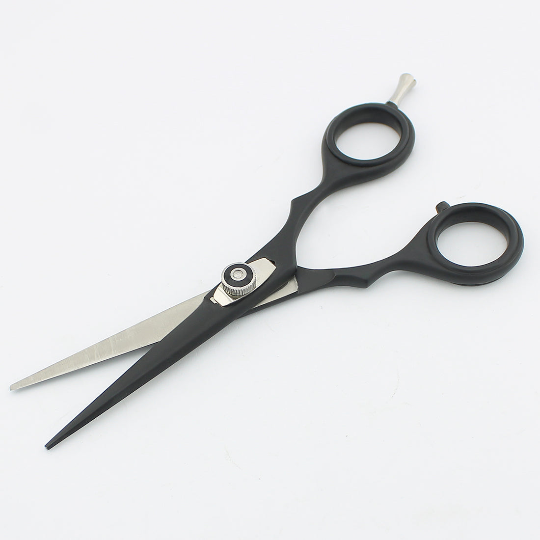 High-quality 5.5-inch black hairdressing scissor with open blades and adjustable screws, perfect for barbers and stylists