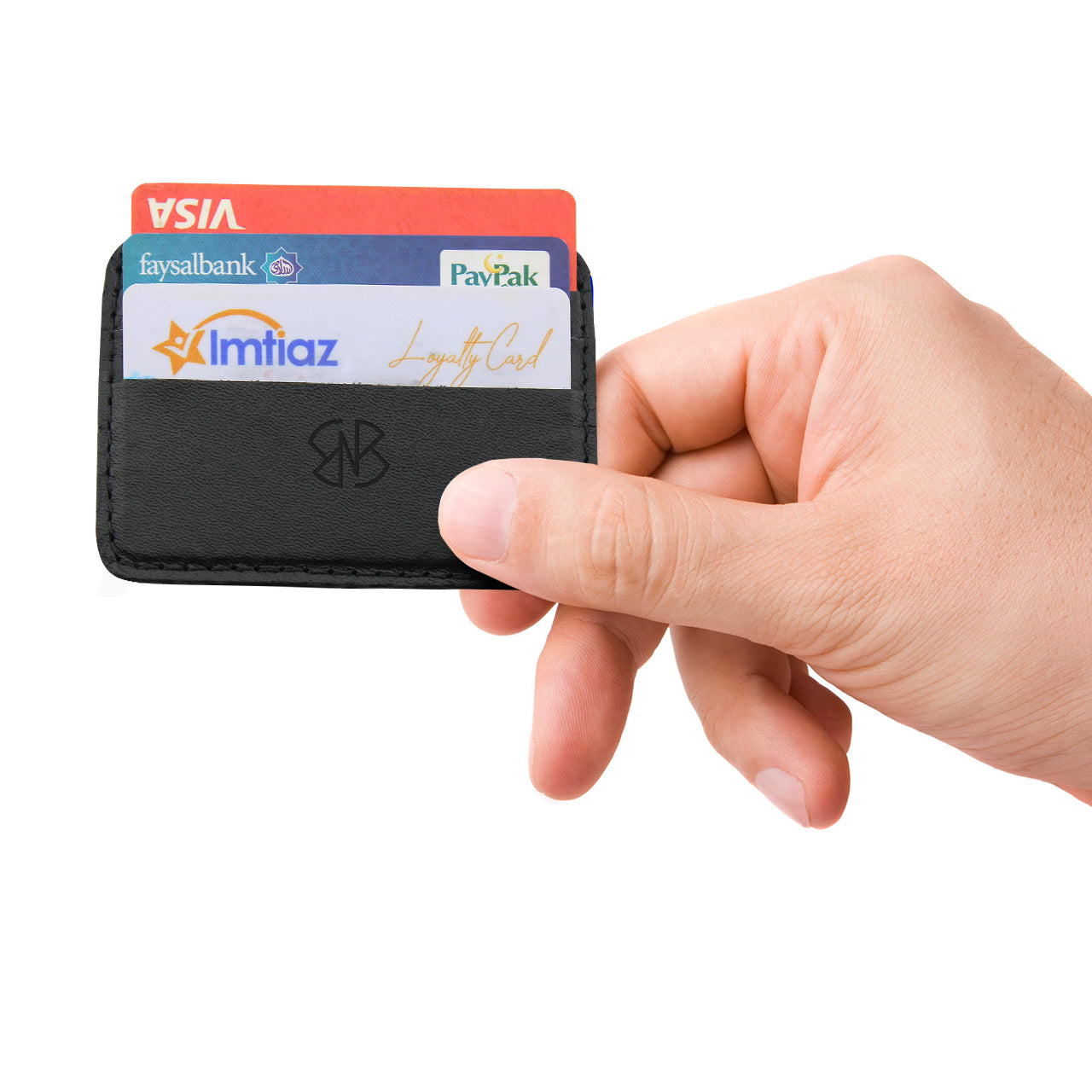 Card Holder in Black Plain and Textured Leather Horizontal