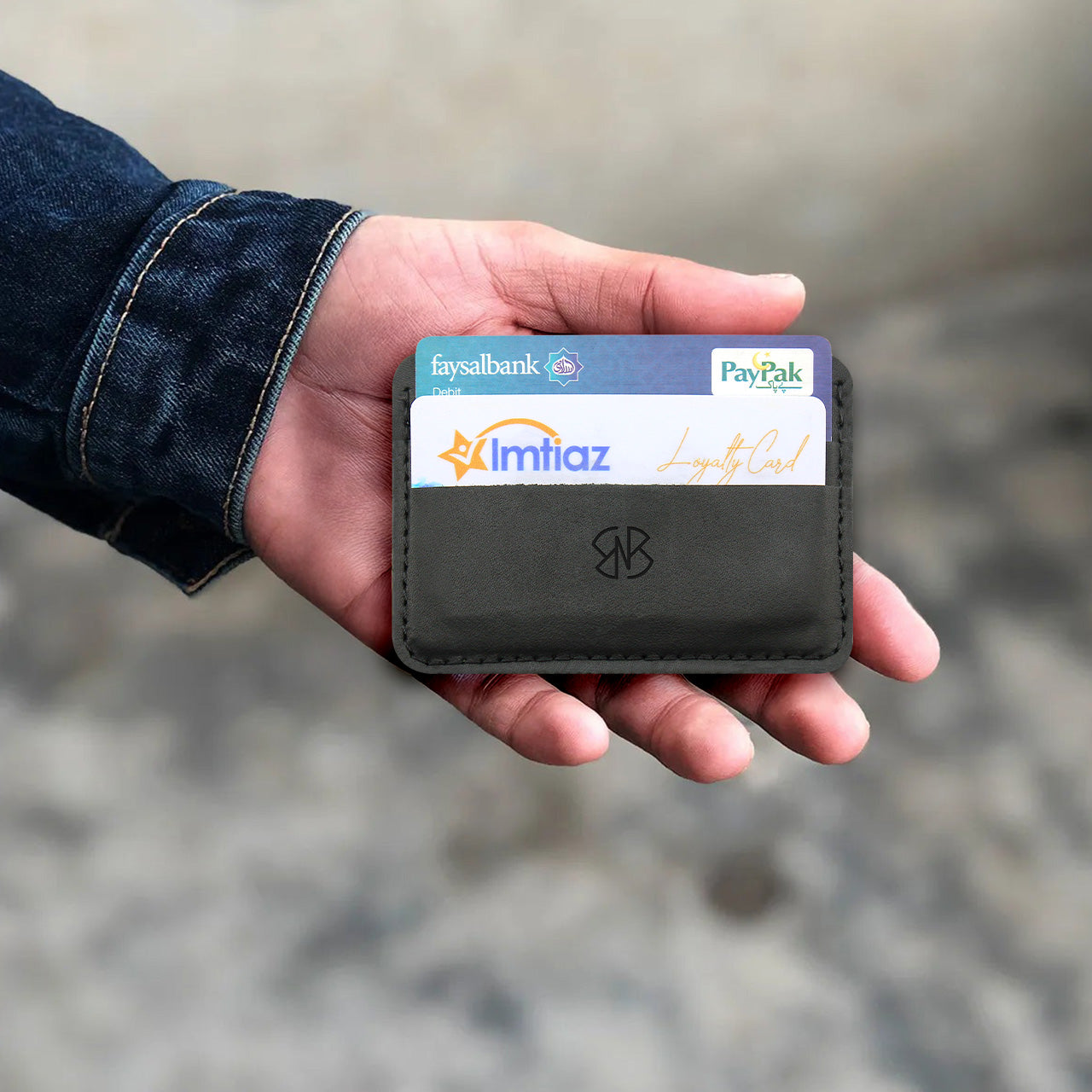 Card Holder in Black Plain and Textured Leather Horizontal