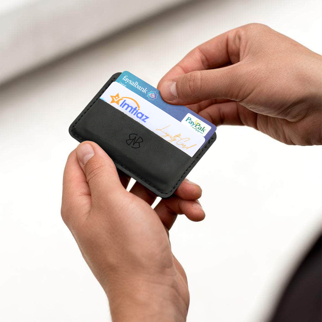 Card Holder in Black Plain and Textured Leather Horizontal