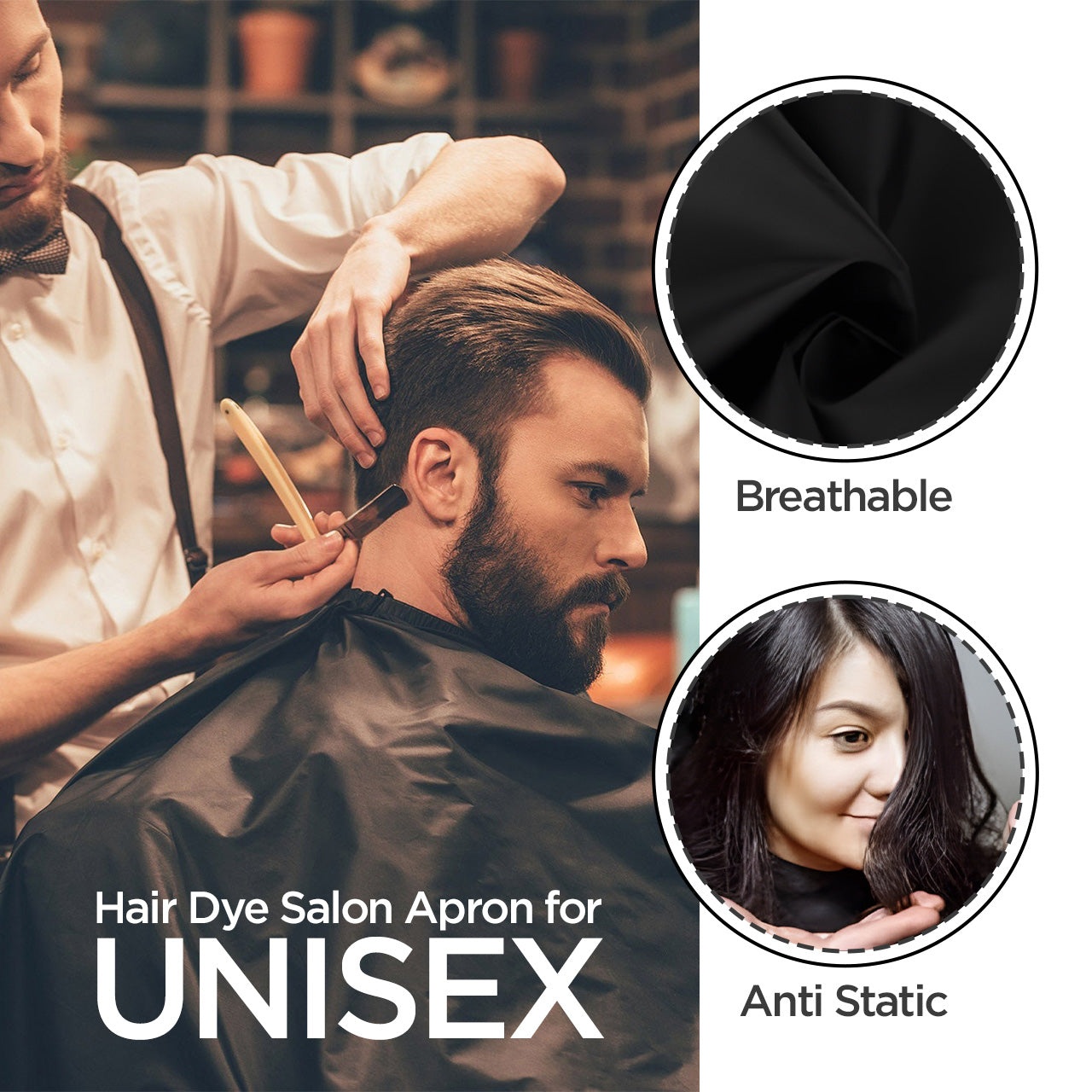 Barber apron featuring a mobile-friendly clear screen


