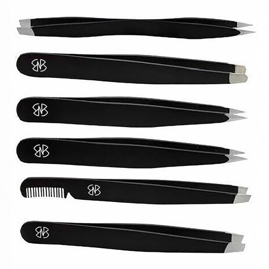 Black 6-piece tweezers set for facial hair removal

