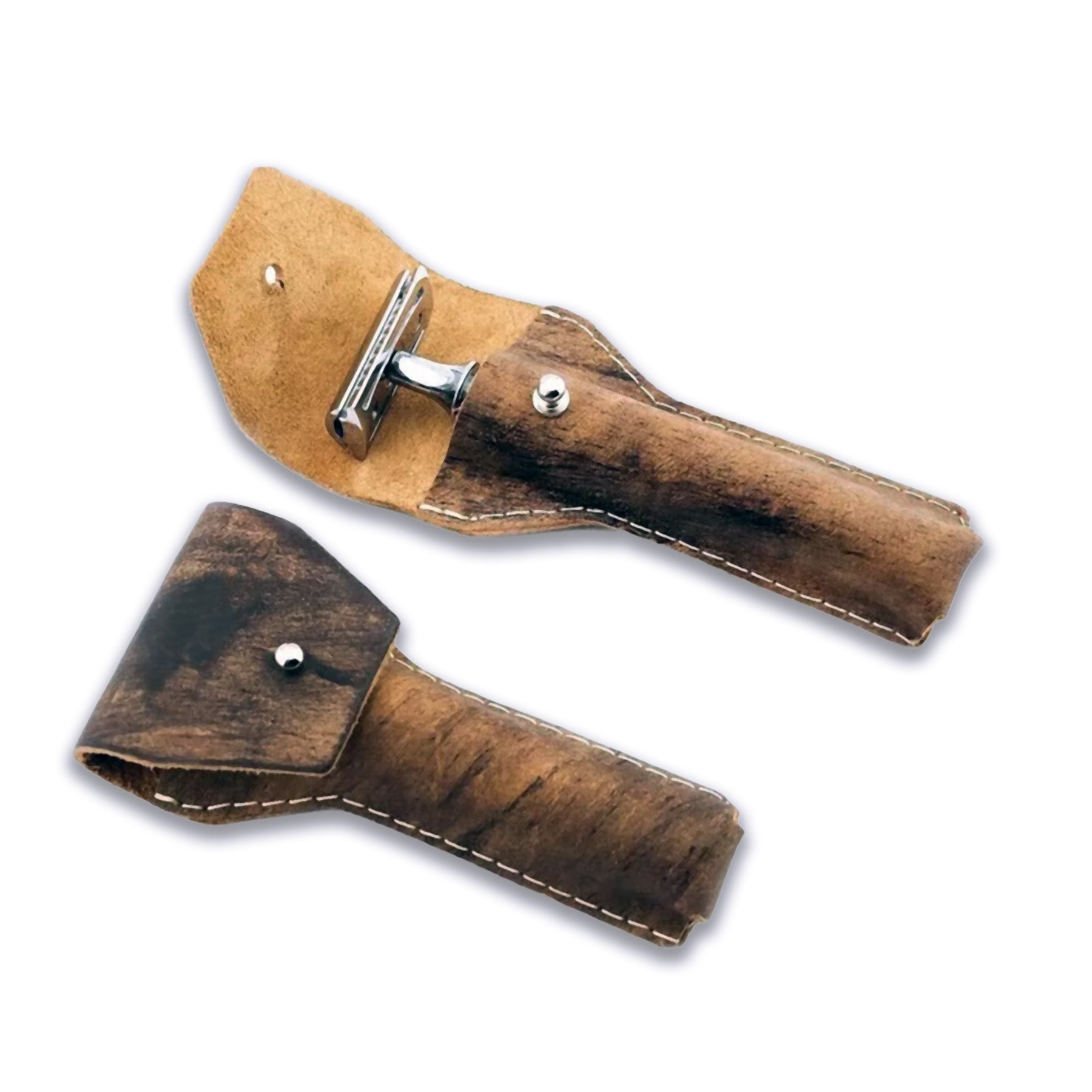 Brown genuine leather double edge razor pouch for safe razor storage