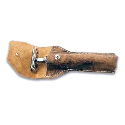 Compact and durable brown leather pouch for shaving essentials