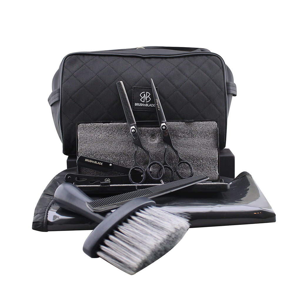 Hair Cutting Barber Kit with Scissors, Razor, Apron & Toiletry Bag