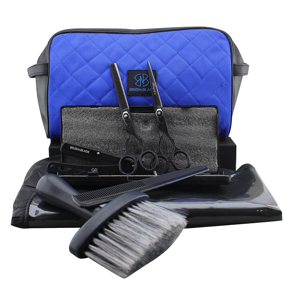 Hair Cutting Barber Kit with Scissors, Razor, Apron & Toiletry Bag