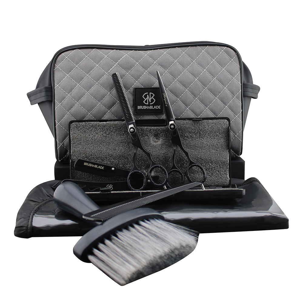 Hair Cutting Barber Kit with Scissors, Razor, Apron & Toiletry Bag