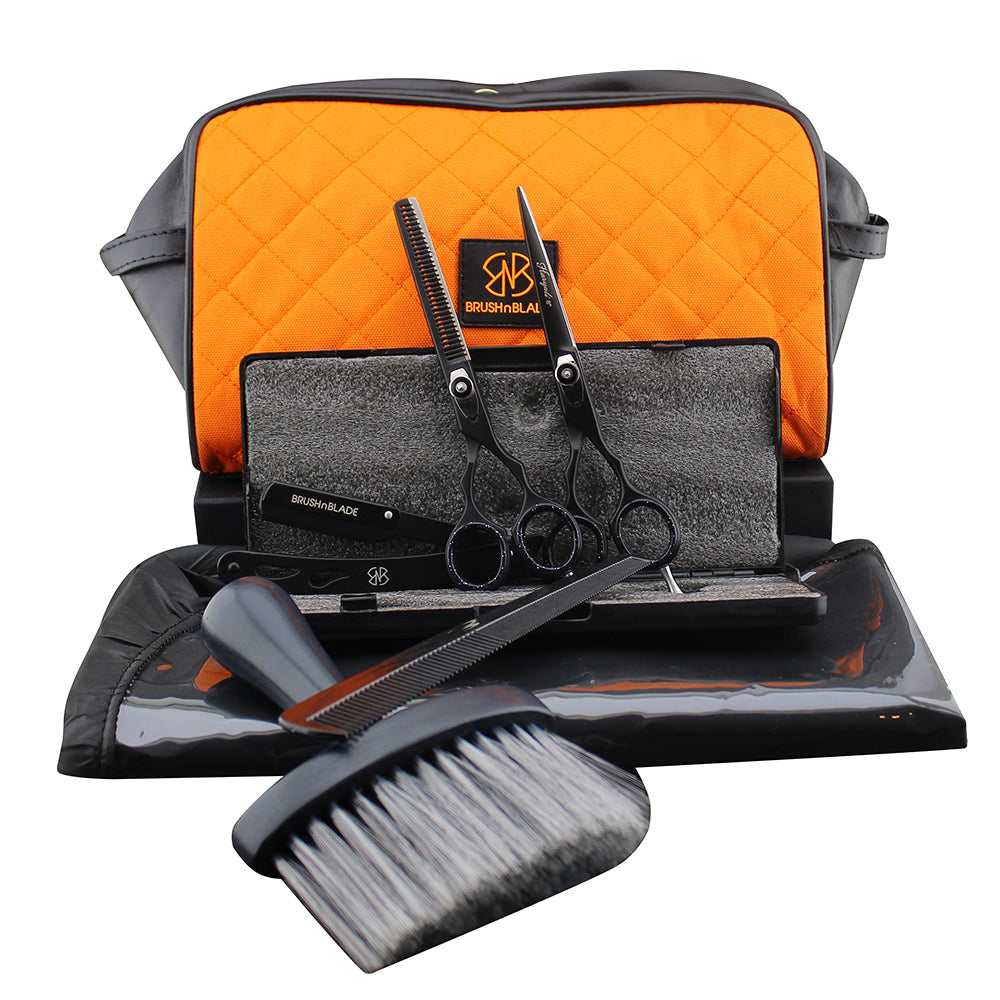 Hair Cutting Barber Kit with Scissors, Razor, Apron & Toiletry Bag