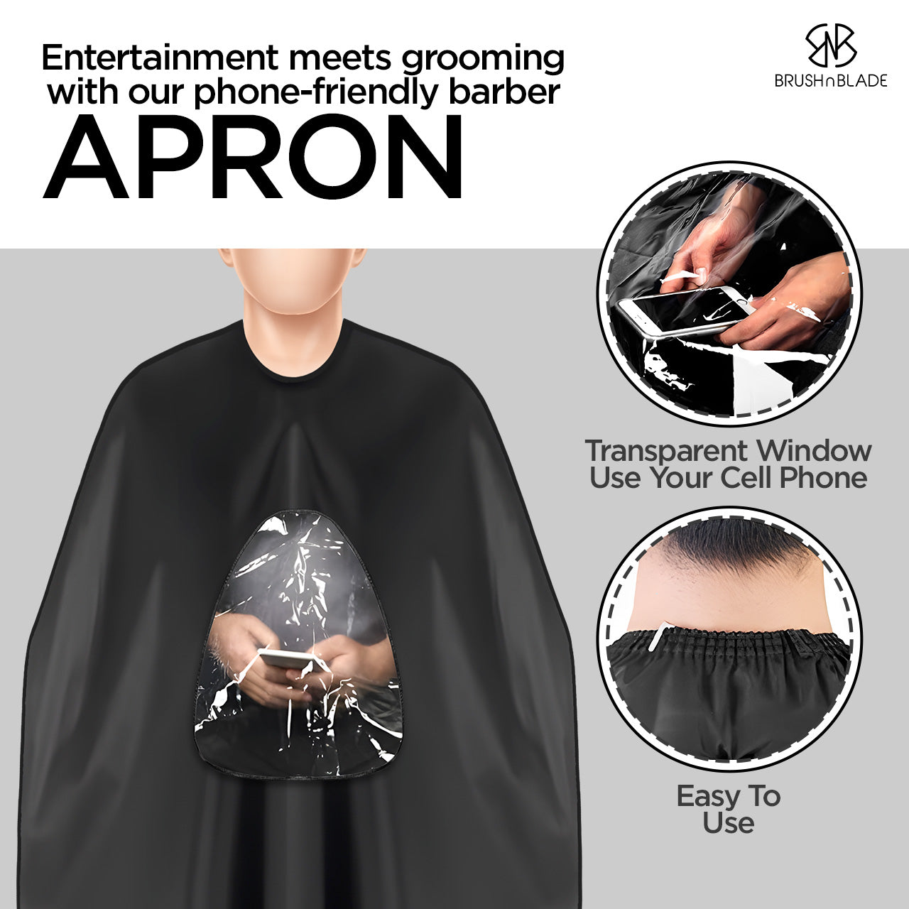 Haircut apron with transparent mobile access panel

