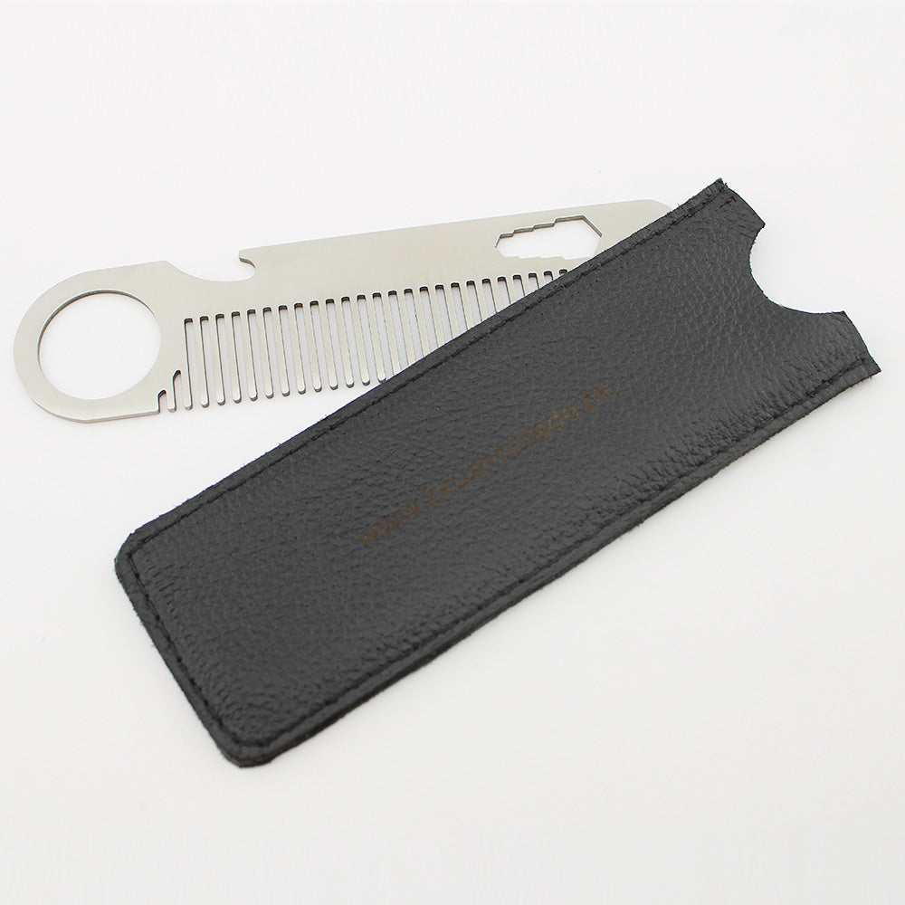 Stainless Steel Metal Hair Comb with Leather Pouch
