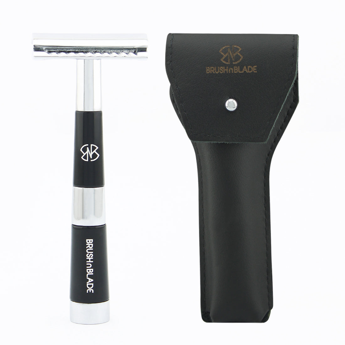 Black & Chrome Double Edge Safety Razor with Leather Pouch