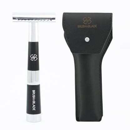 Black & Chrome Double Edge Safety Razor with Leather Pouch