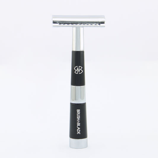 Black & Chrome Double Edge Safety Razor with Leather Pouch