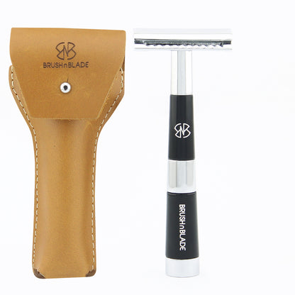 Black & Chrome Double Edge Safety Razor with Leather Pouch