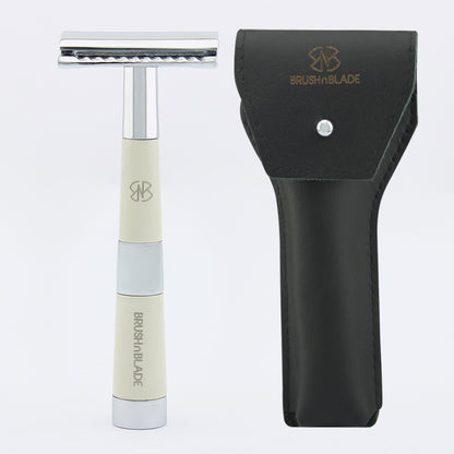 Black & Chrome Double Edge Safety Razor with Leather Pouch