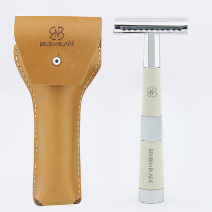 Black & Chrome Double Edge Safety Razor with Leather Pouch