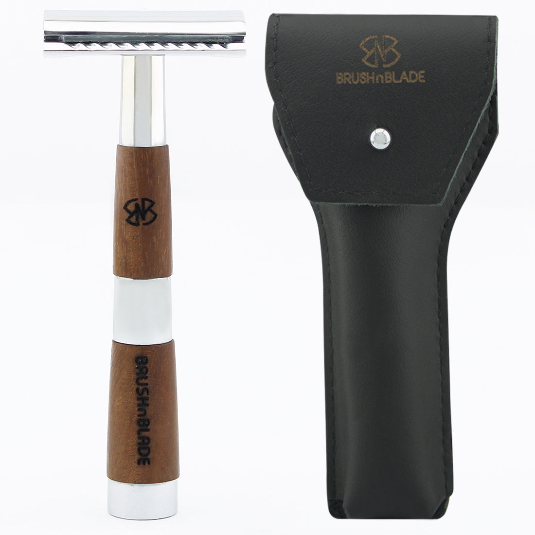 Black & Chrome Double Edge Safety Razor with Leather Pouch