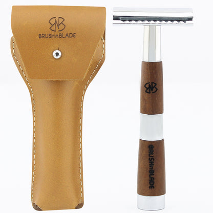 Black & Chrome Double Edge Safety Razor with Leather Pouch