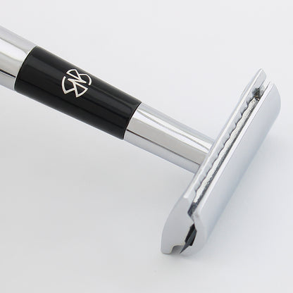 Black & Chrome Double Edge Safety Razor with Leather Pouch