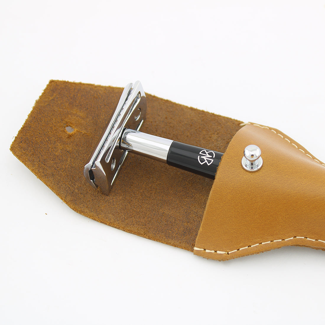Black & Chrome Double Edge Safety Razor with Leather Pouch