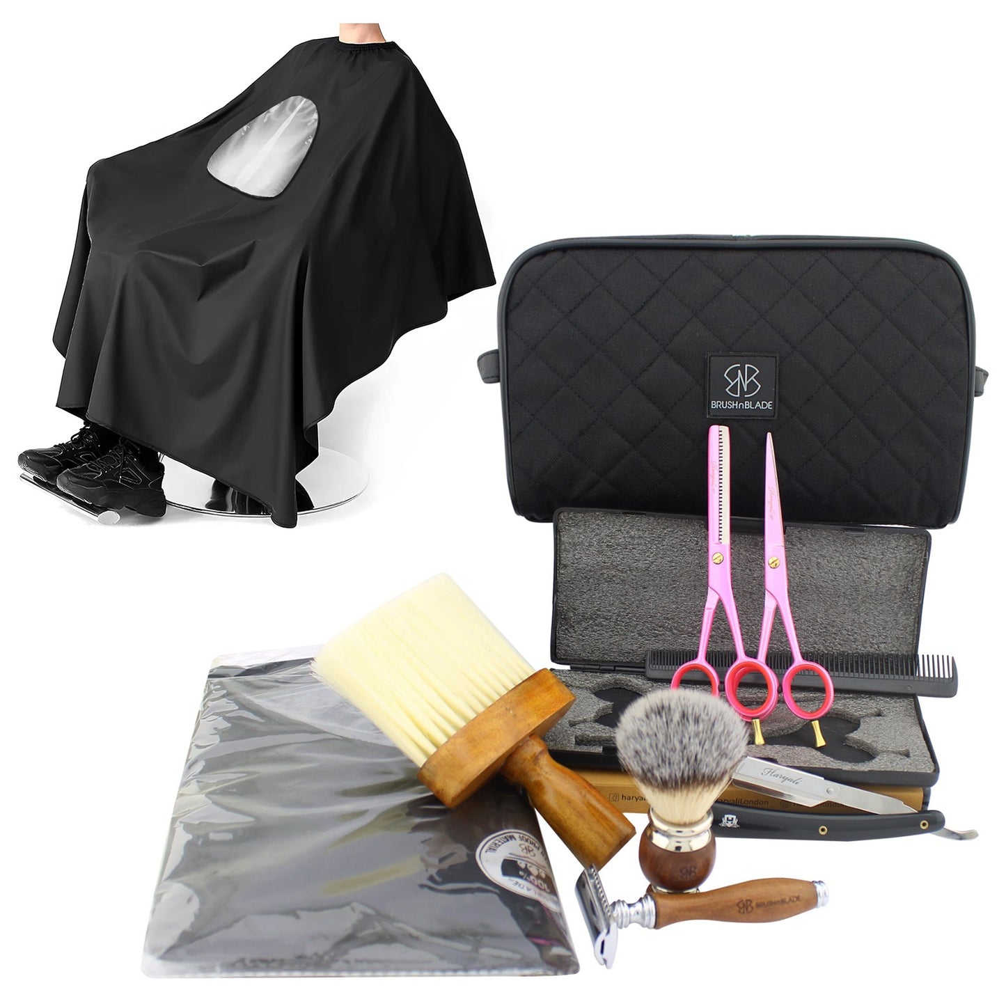 Personal barber kit for grooming with pink 6 inch scissors and razors