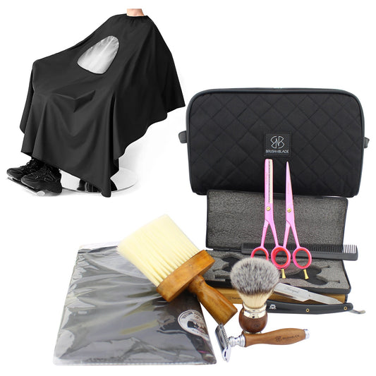 Personal barber kit for grooming with pink 6 inch scissors and razors