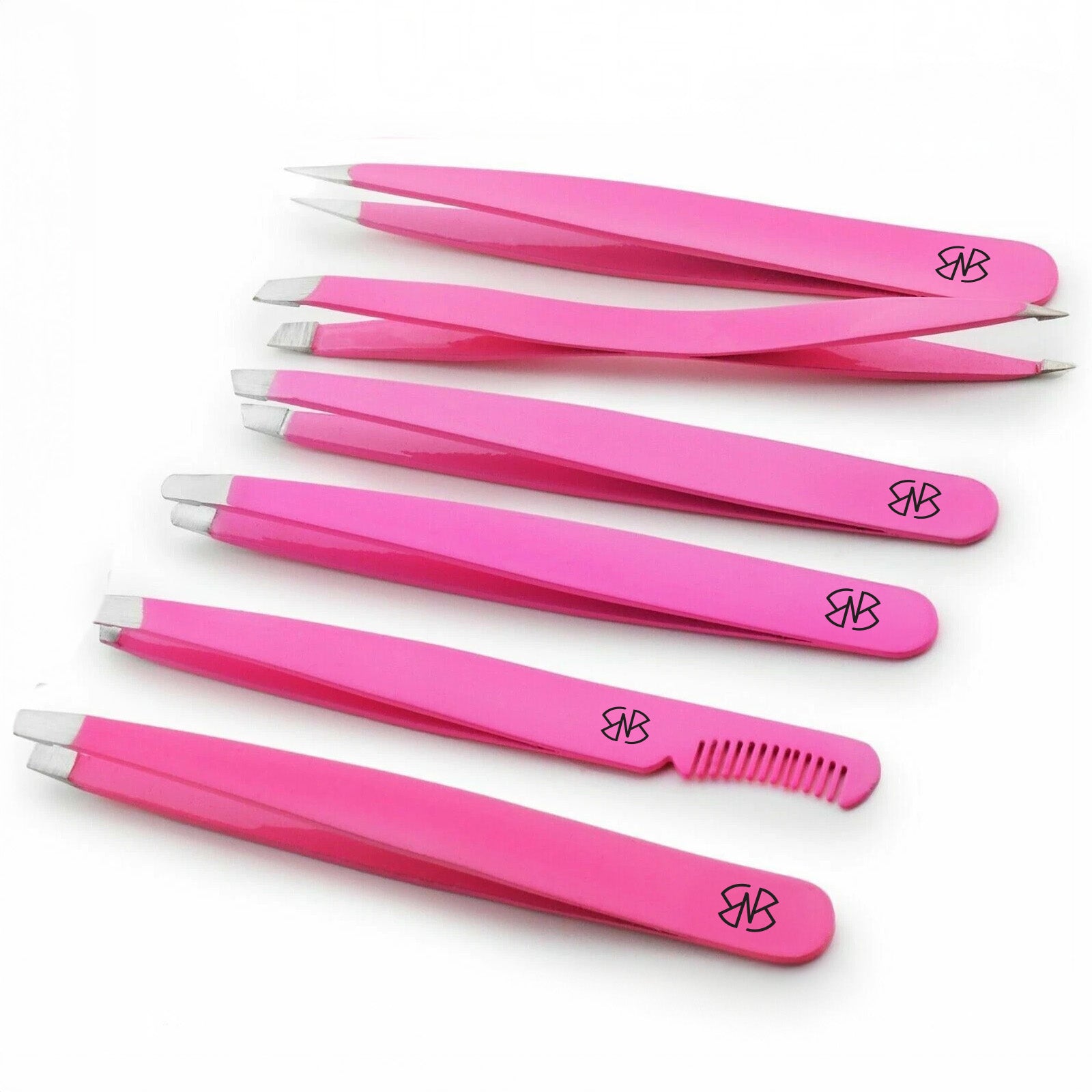 Pink facial hair tweezers set with 6 precision tools