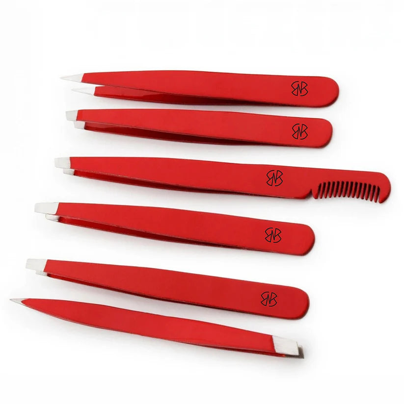 Red 6-Piece Tweezers Set for Precision Grooming