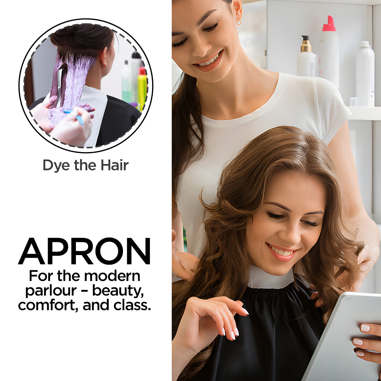 Salon apron in black with mobile viewing window

