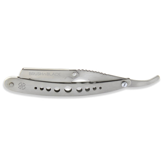 Silver Pierced Stainless Steel Cut Throat Razor at brushnblade