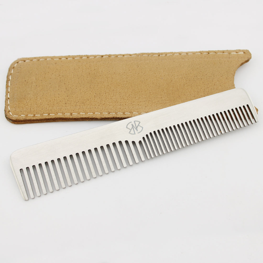 Stainless steel grooming comb with classic brown leather pouch