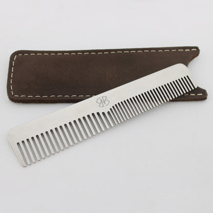 Stainless steel hair styling comb with dark brown leather pouch