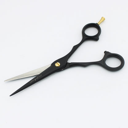 Close-up detailed view of black 5.5-inch hair cutting scissor with adjustable screw