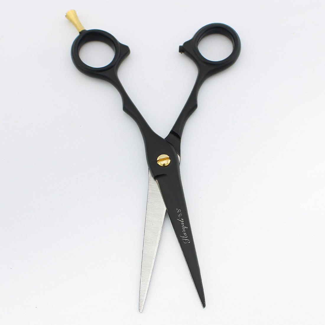 Black 5.5-inch hair cutting scissor opened to show blades and adjustable screw design