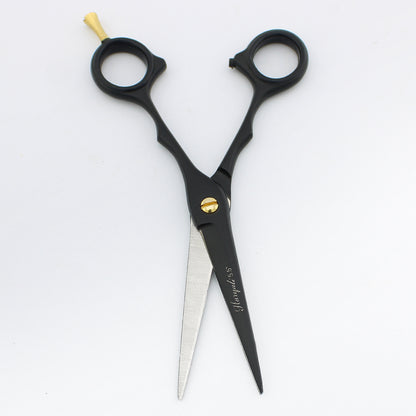 Black 5.5-inch hair cutting scissor opened to show blades and adjustable screw design