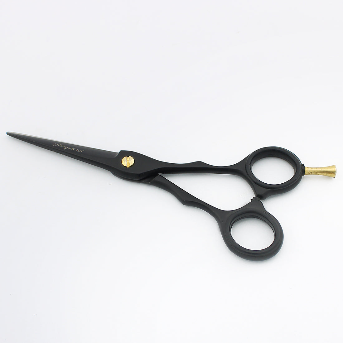 Side angle image of black 5.5-inch hair cutting scissor featuring adjustable tension screw