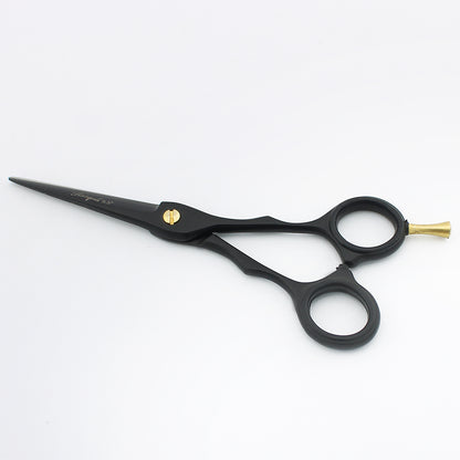 Side angle image of black 5.5-inch hair cutting scissor featuring adjustable tension screw